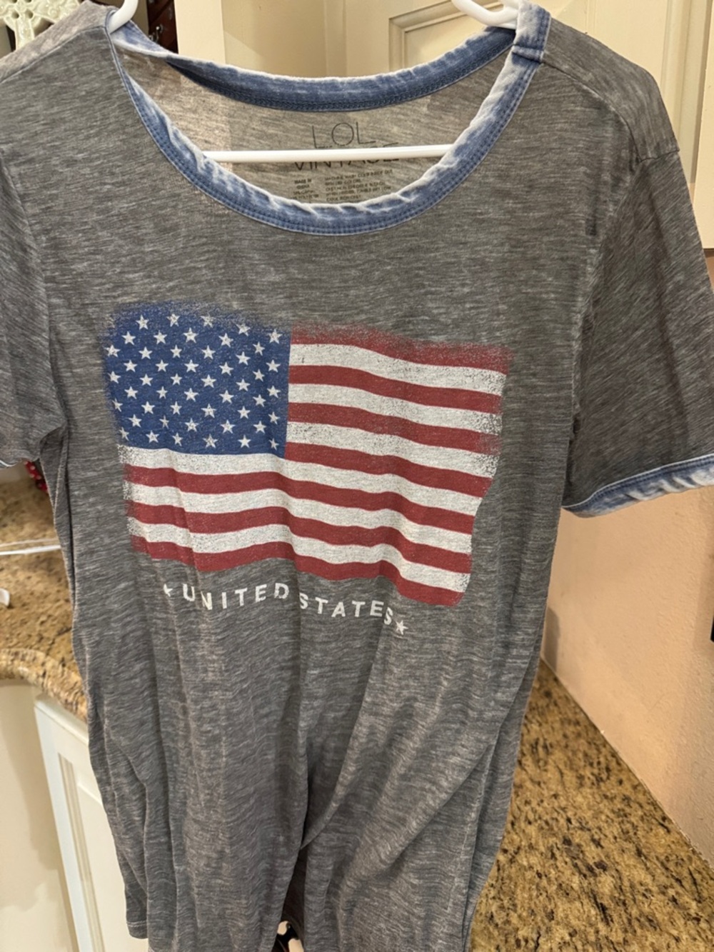 L.O.L. Vintage Gray Tee with American Flag Graphic